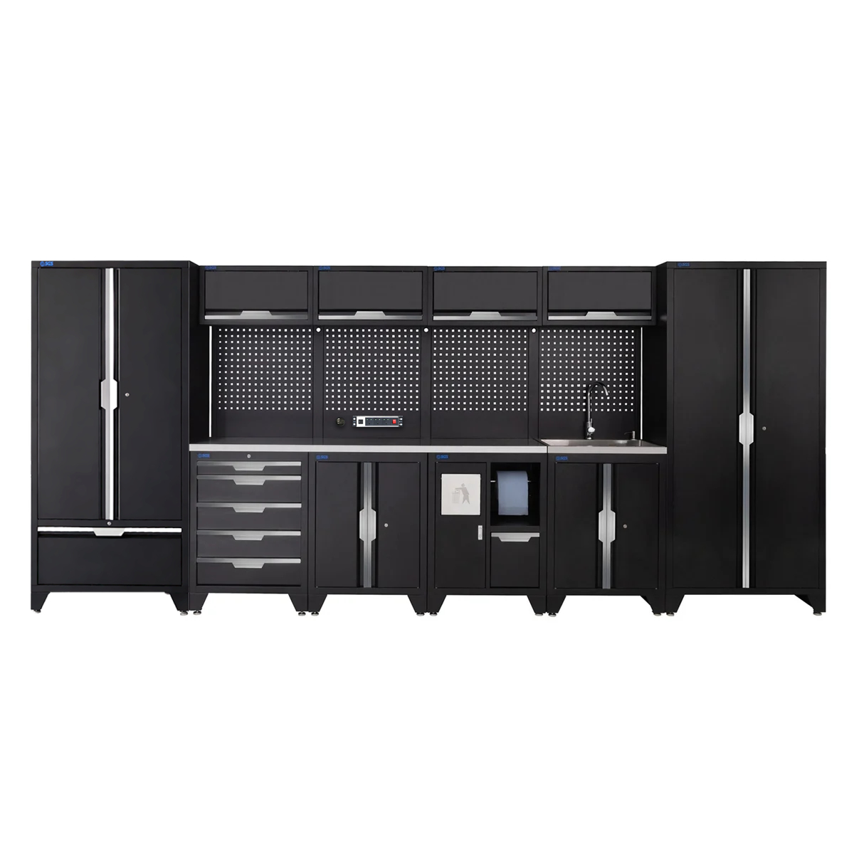 SGS 14pc Garage Storage System | 5 Drawers | Stainless Steel Worktop | Floor Cabinet | Tall Double Cabinets with Drawers | Bin Unit | Sink Unit | Pegboard with Power Strip